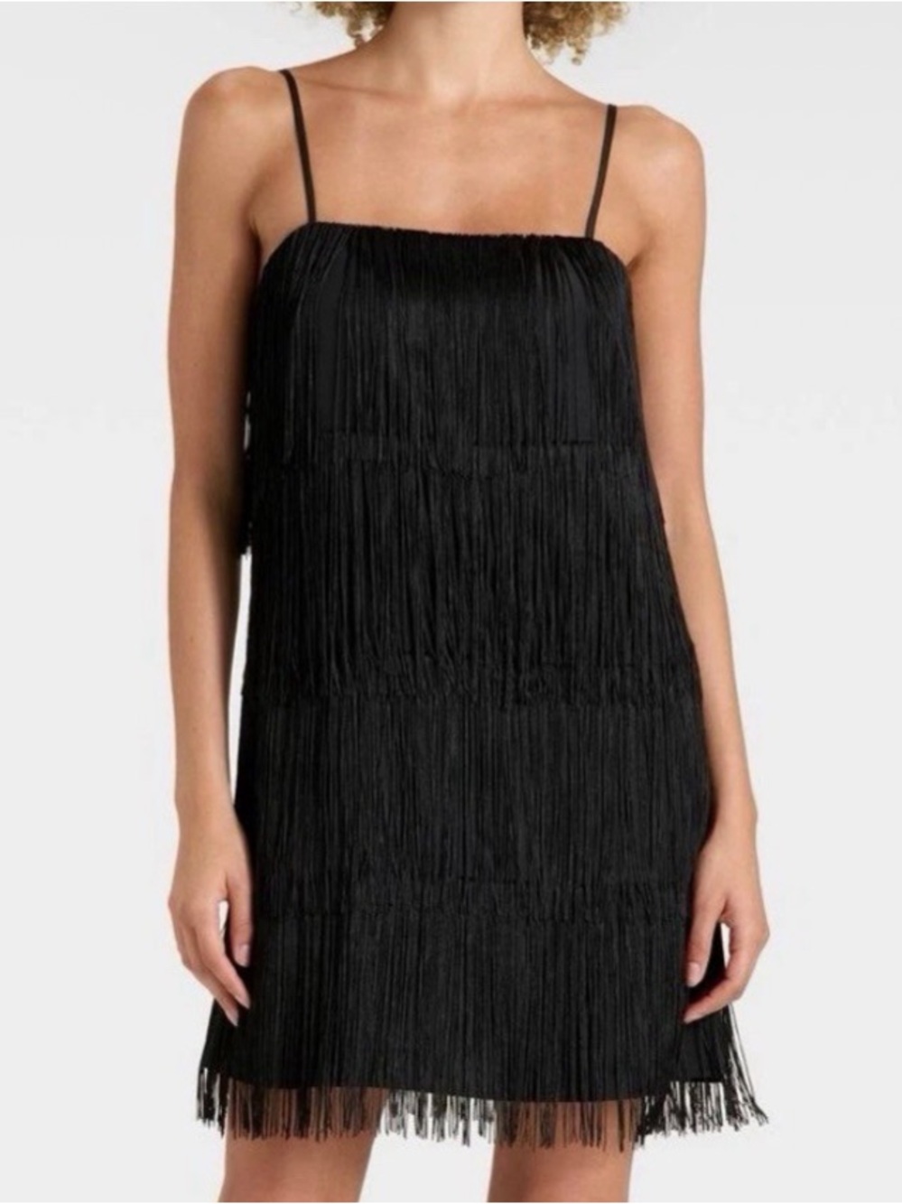 Sexy Black Fringe Slip Mini Dress with Spaghetti Straps